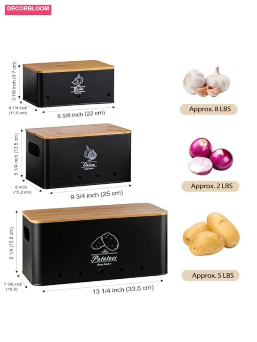 Potato Onion Garlic Storage Bin Set of 3, Black Metal Canisters with Bamboo